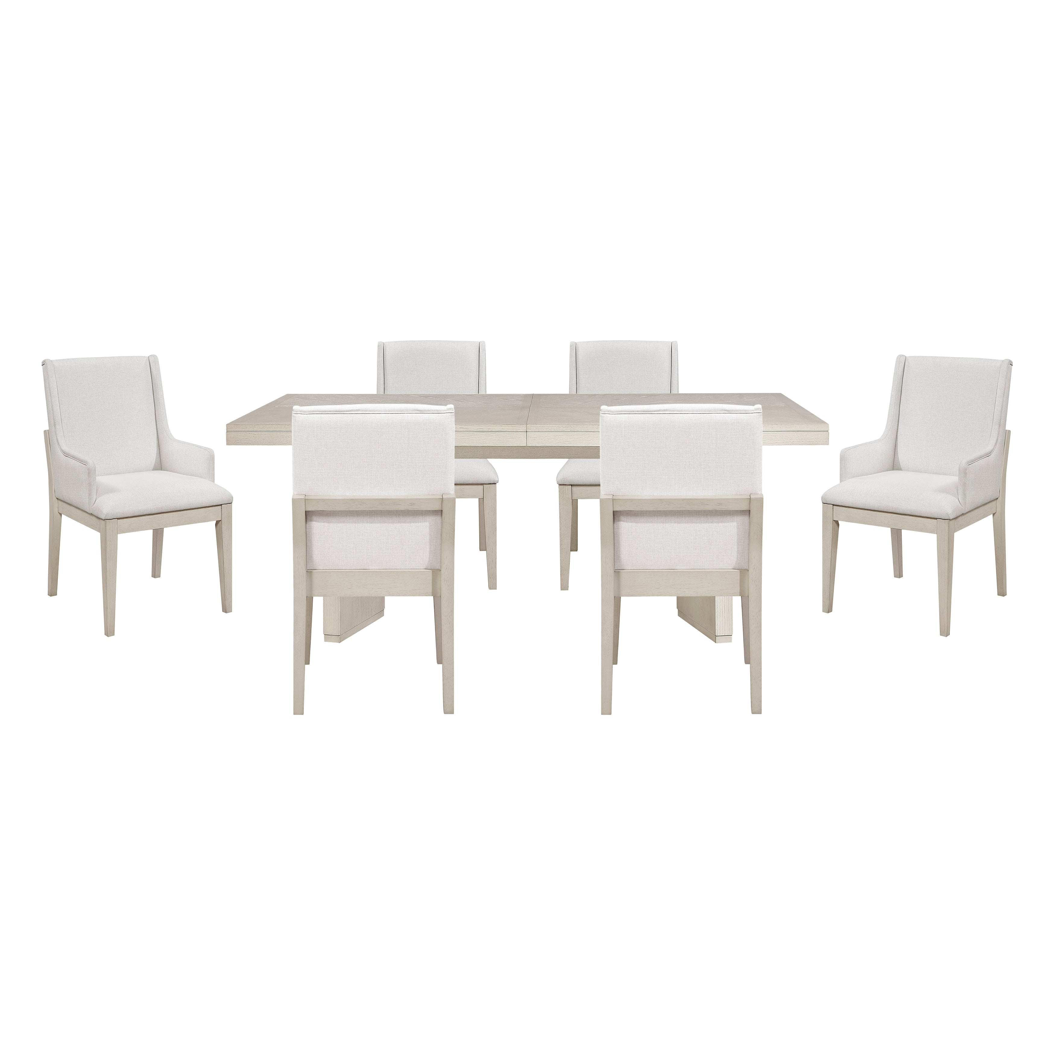 Dining table set with six white chairs on a white background