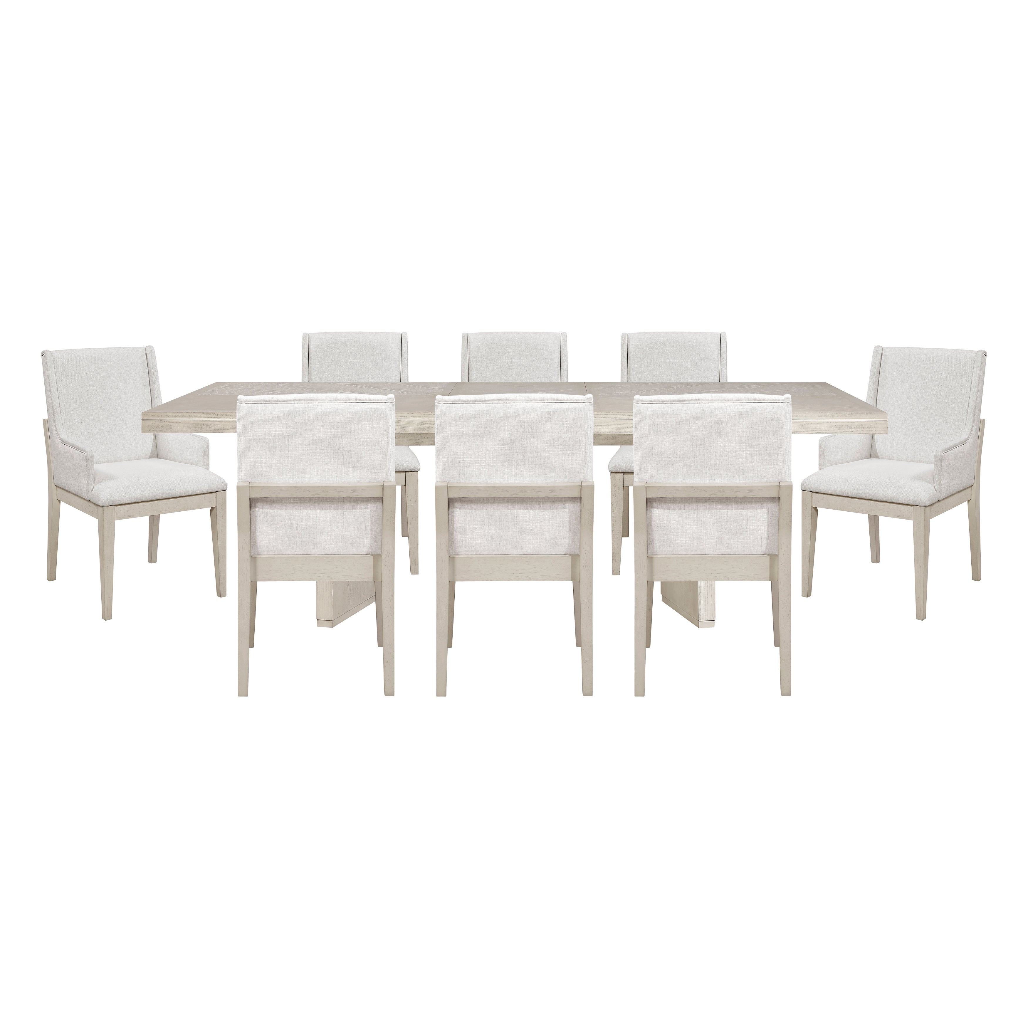 Dining table set with eight white chairs on a white background