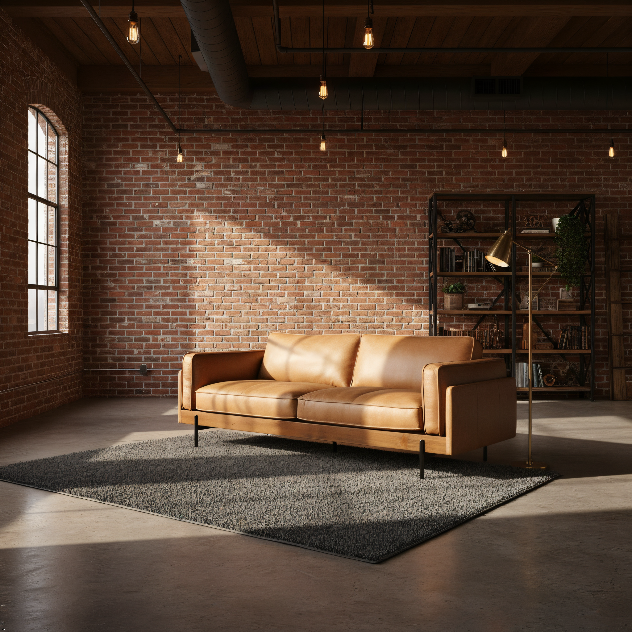 Brown leather sofa in a room with brick walls and a rug.