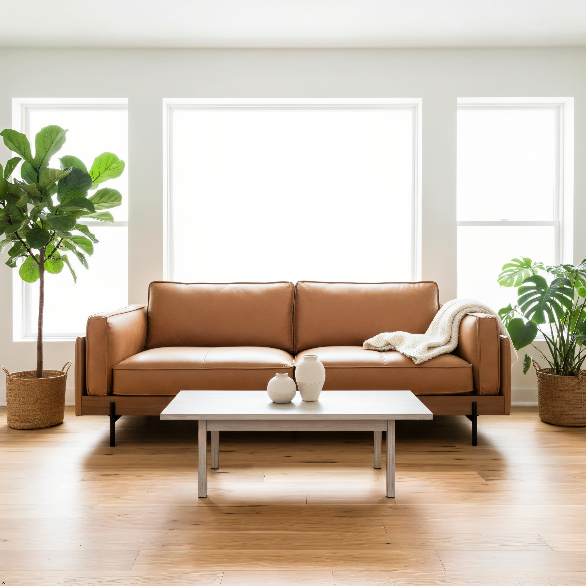 Brown leather sofa in a bright living room with plants and a coffee table.