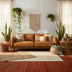 Cozy living room with a brown leather sofa, plants, and decorative wall hanging.