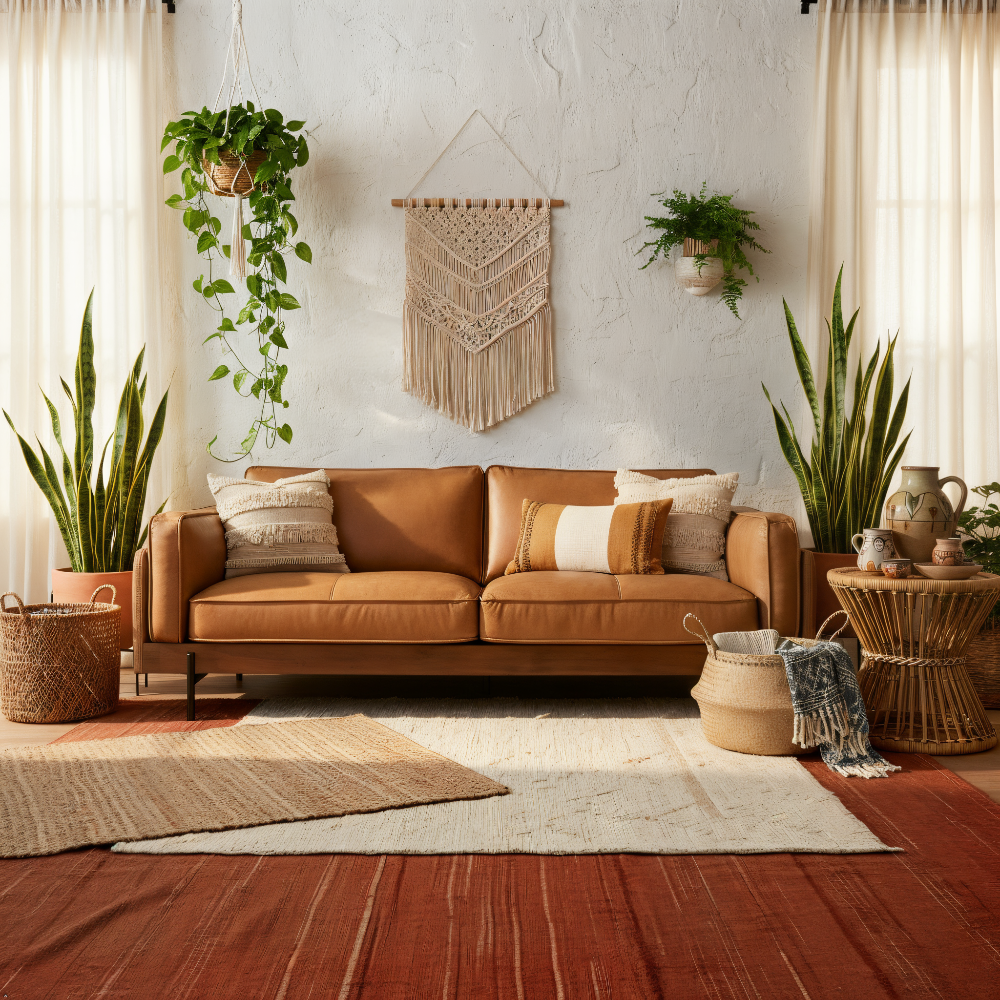 Cozy living room with a brown leather sofa, plants, and decorative wall hanging.