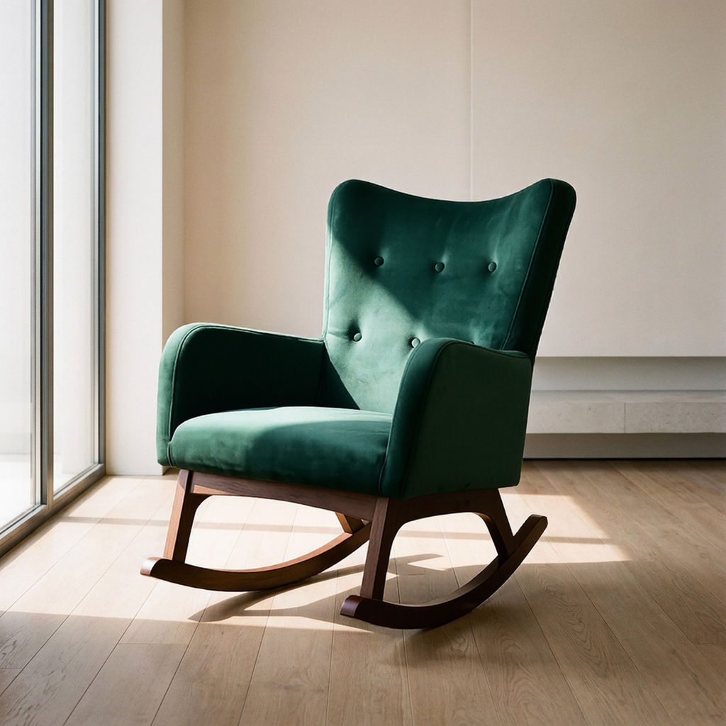 A green velvet rocking chair with a high button-tufted backrest and dark wood rocking base, placed in a sunlit room with light wood floors and a beige wall.