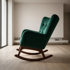 A mid-century modern rocking chair upholstered in deep emerald green velvet with a dark wood rocking base, set in a minimalist room with light wood floors and a neutral wall.