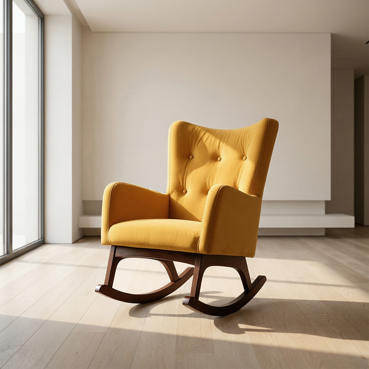 A modern wingback rocking chair upholstered in mustard yellow fabric with a dark wood rocking base, set in a minimalist, sunlit room with light wood floors and off-white walls.