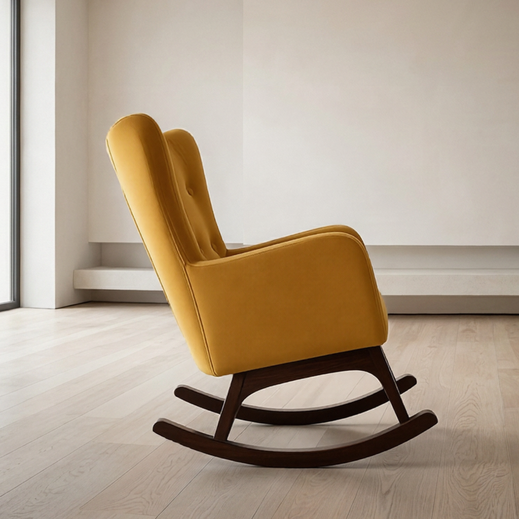 A modern mustard yellow velvet rocking chair with a dark wood base, positioned on a light wood floor in a minimalist room with beige walls and a large window.