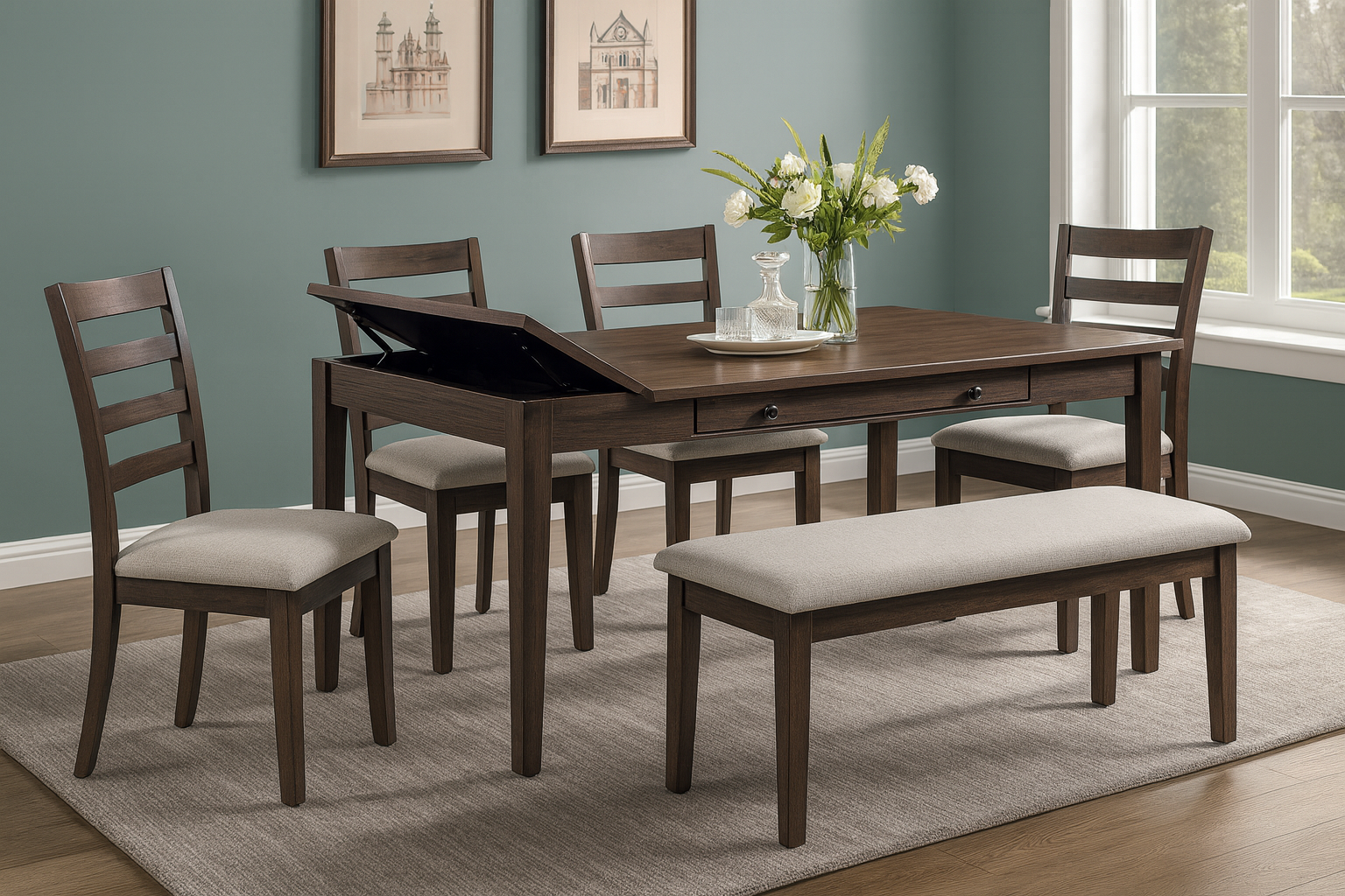 Dining room set with wooden table, chairs, and bench in a room with framed pictures on the wall.