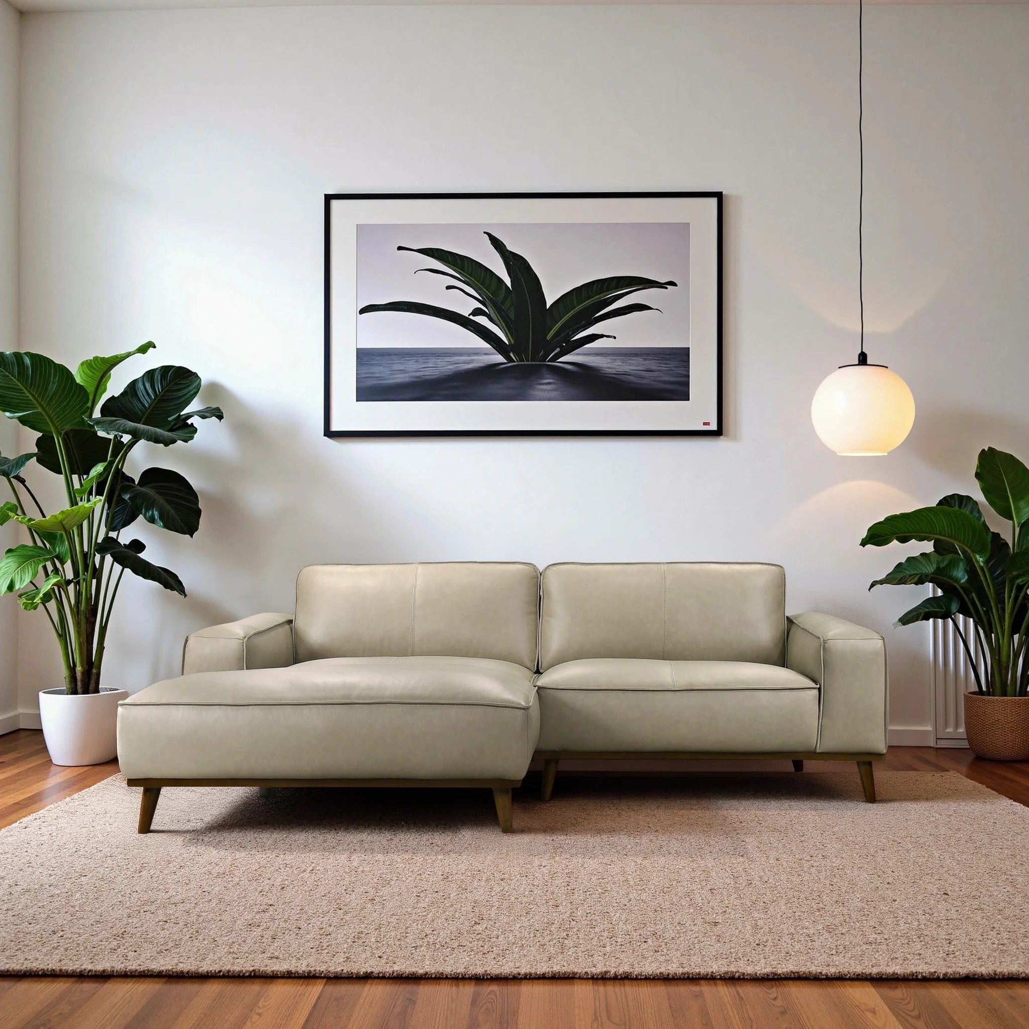 Beige sectional sofa in a living room with plants and a framed picture on the wall.
