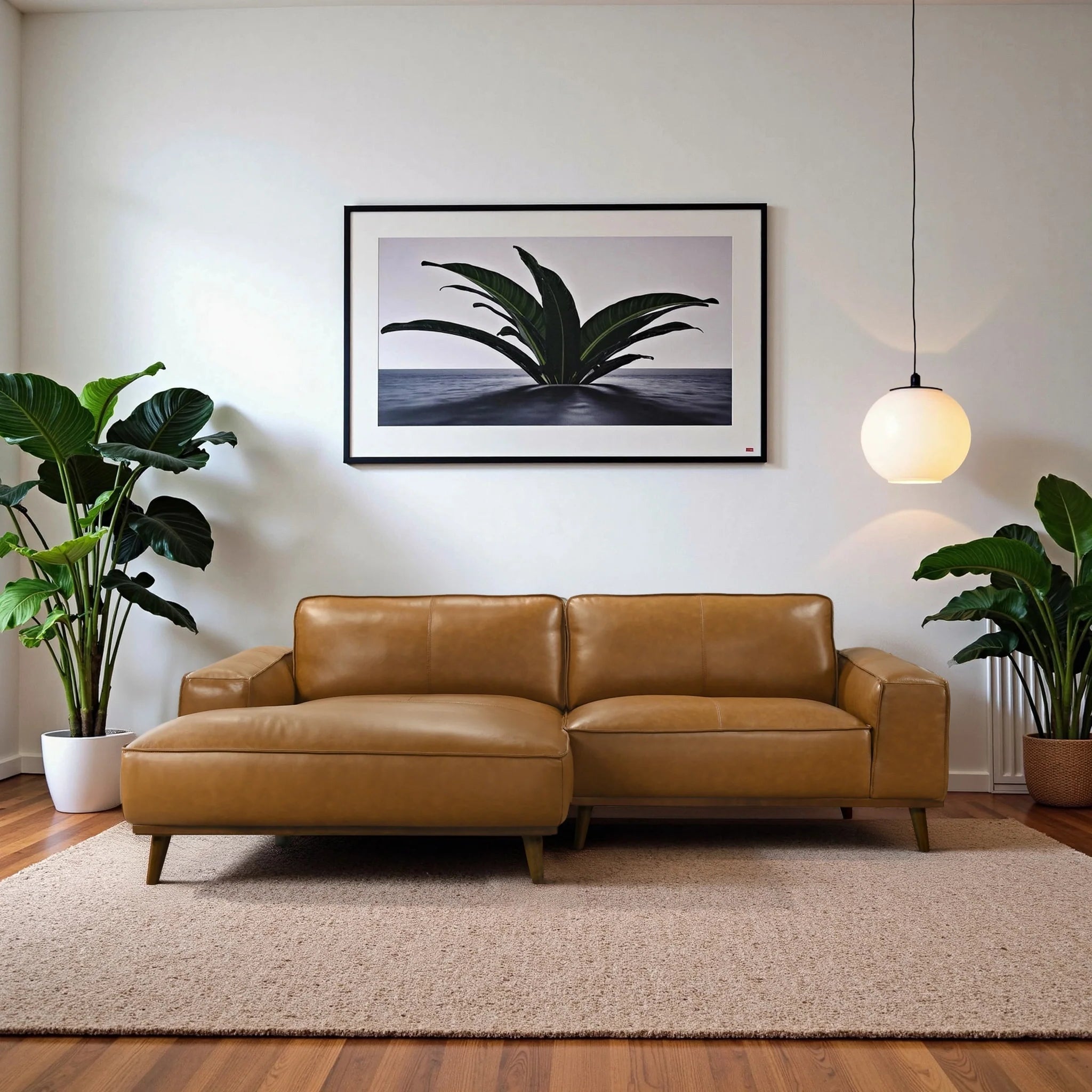 Brown leather sofa in a living room with plants and a framed picture on the wall.