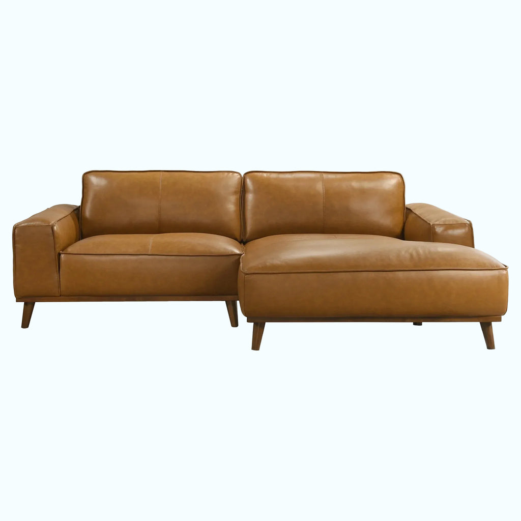 Brown leather sectional sofa on a white background