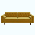 A two-seater loveseat sofa upholstered in mustard yellow fabric with tufted back cushions and dark tapered legs, shown against a plain white background.