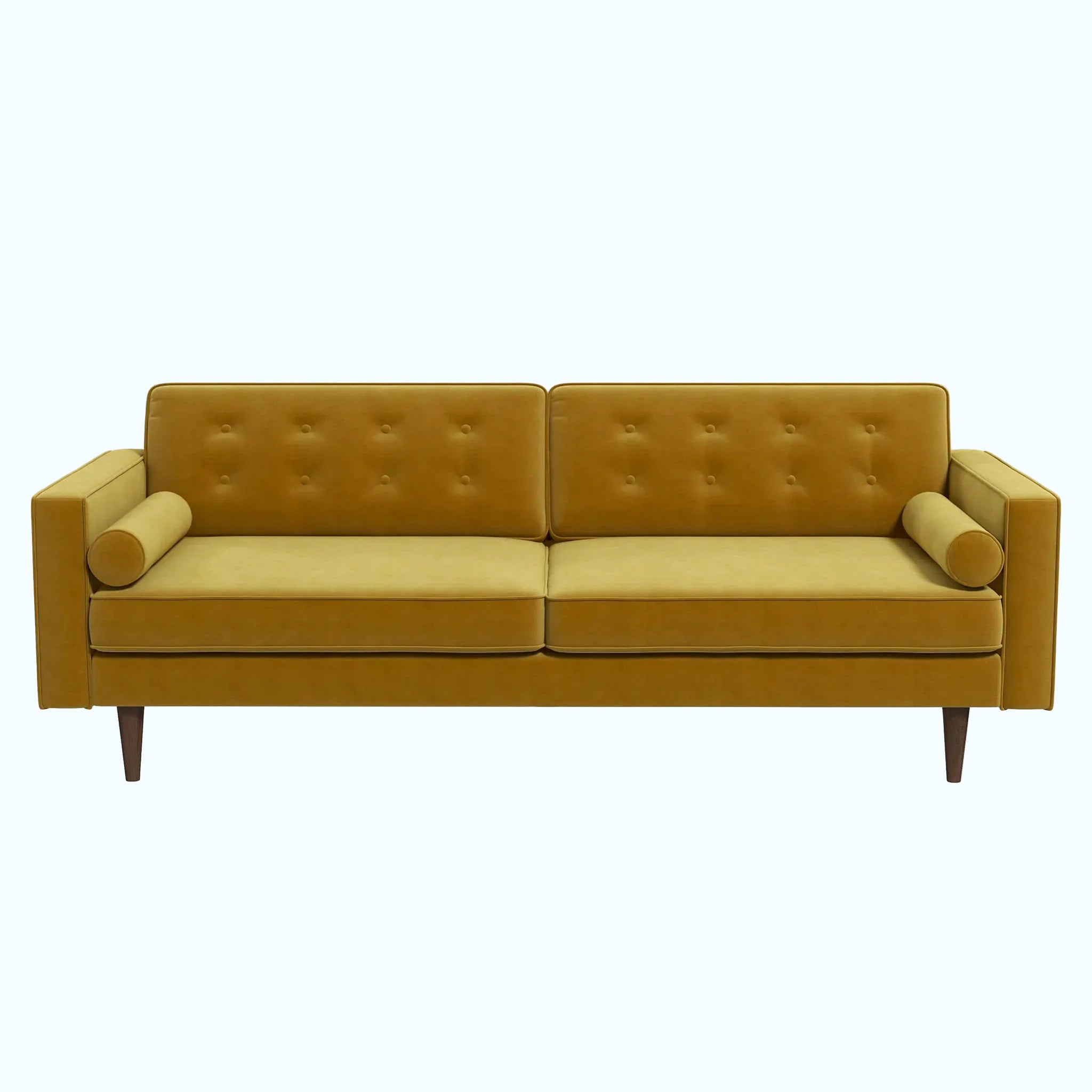 A two-seater loveseat sofa upholstered in mustard yellow fabric with tufted back cushions and dark tapered legs, shown against a plain white background.