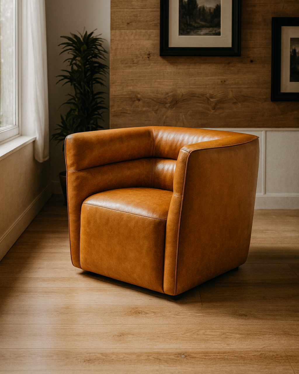 Brown leather armchair in a room with wooden floor and wall, framed pictures on the wall.