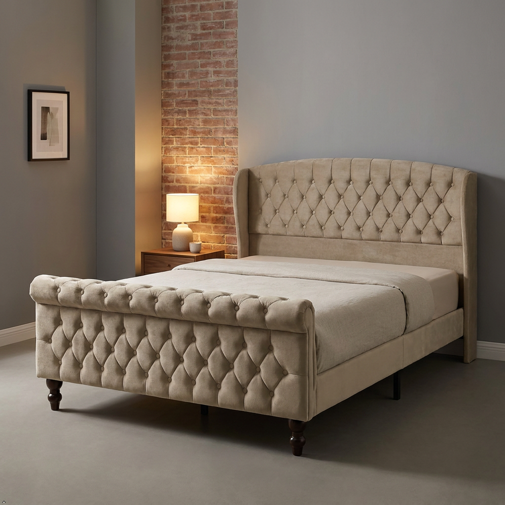 A beige upholstered bed with a tall diamond-tufted headboard and matching footboard, shown in a styled bedroom setting with a brick accent wall, bedside lamp, and gray walls.
