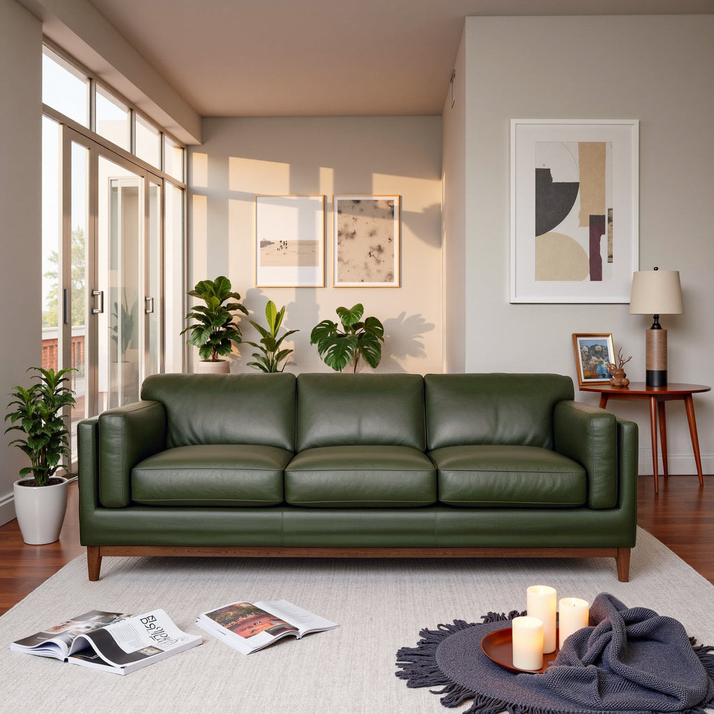 Green leather sofa in a living room with decor elements.