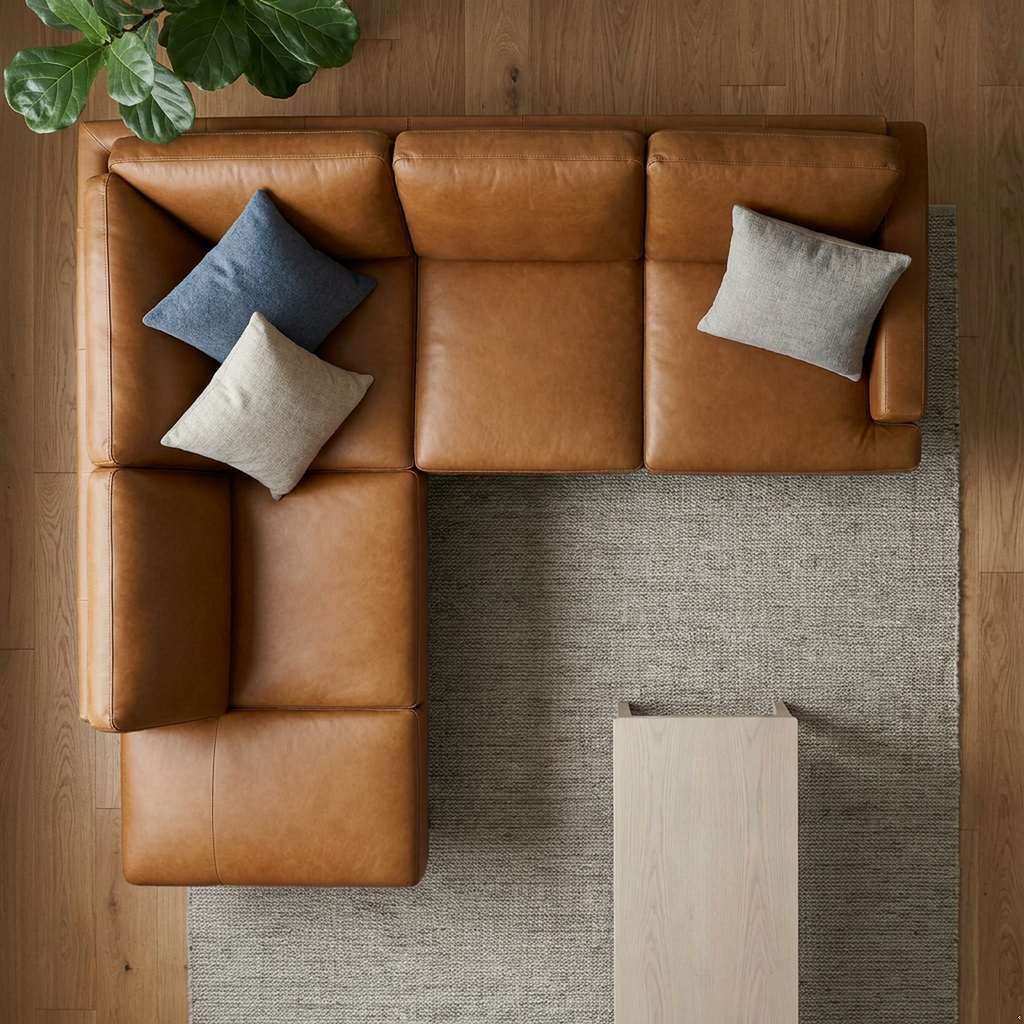 Brown leather sectional sofa with cushions on a wooden floor.