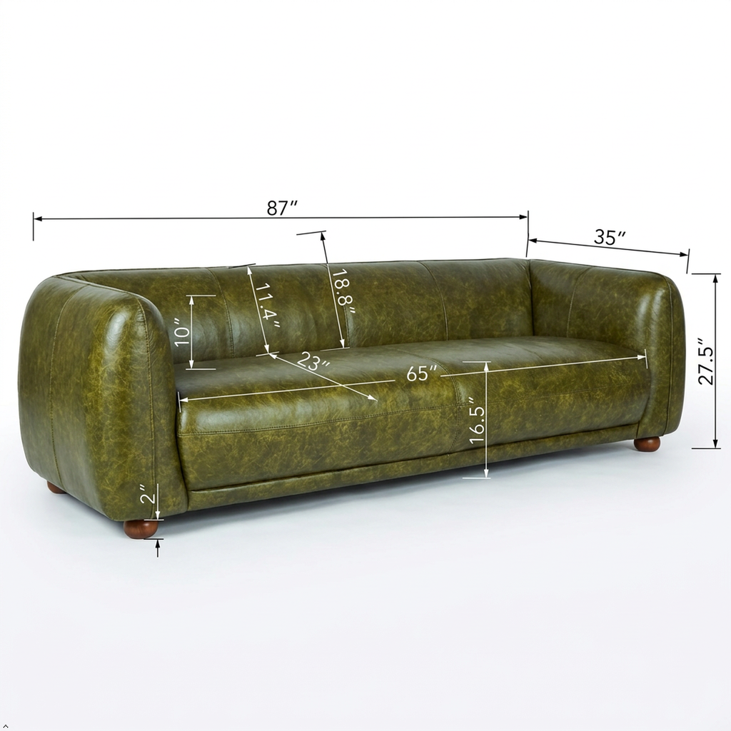 An olive green real leather sofa with overlaid dimension lines and labels showing its measurements, set against a plain white background.