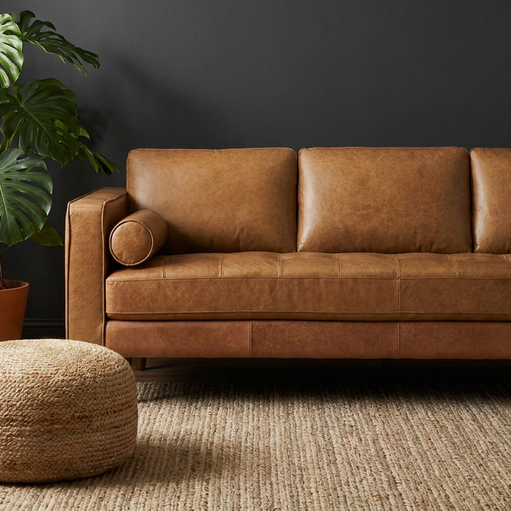A three-seater tan leather sofa in a styled living room setting, featuring a dark charcoal wall, a potted green monstera plant, a round woven jute ottoman, and a textured beige rug.