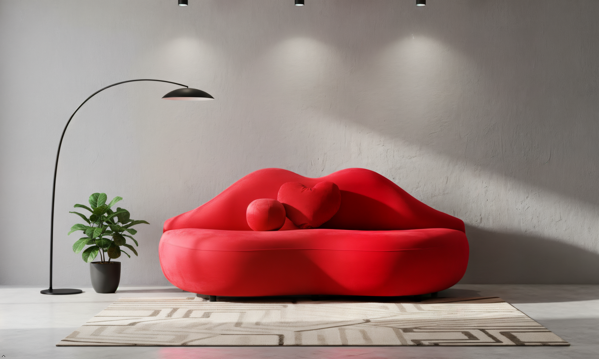 Red lip-shaped sofa in a modern living room with a plant and floor lamp.