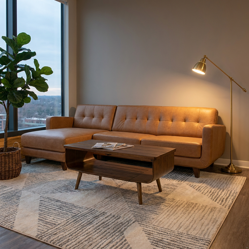 Modern living room with a brown sofa, wooden coffee table, and floor lamp.