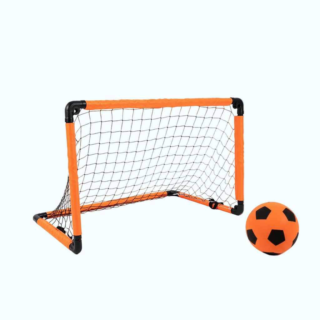 Small soccer goal with orange frame and black net, accompanied by an orange soccer ball on a white background.