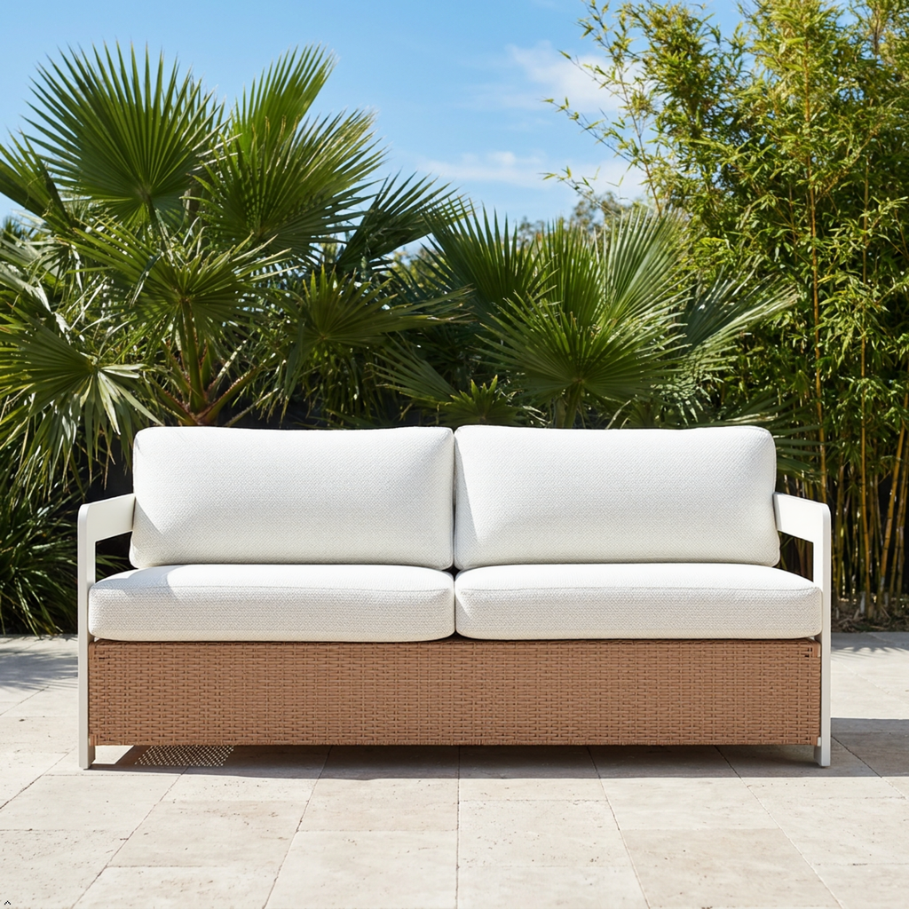 Modern Outdoor Sofa — White Aluminum Frame & Rattan Weave Patio Furniture
