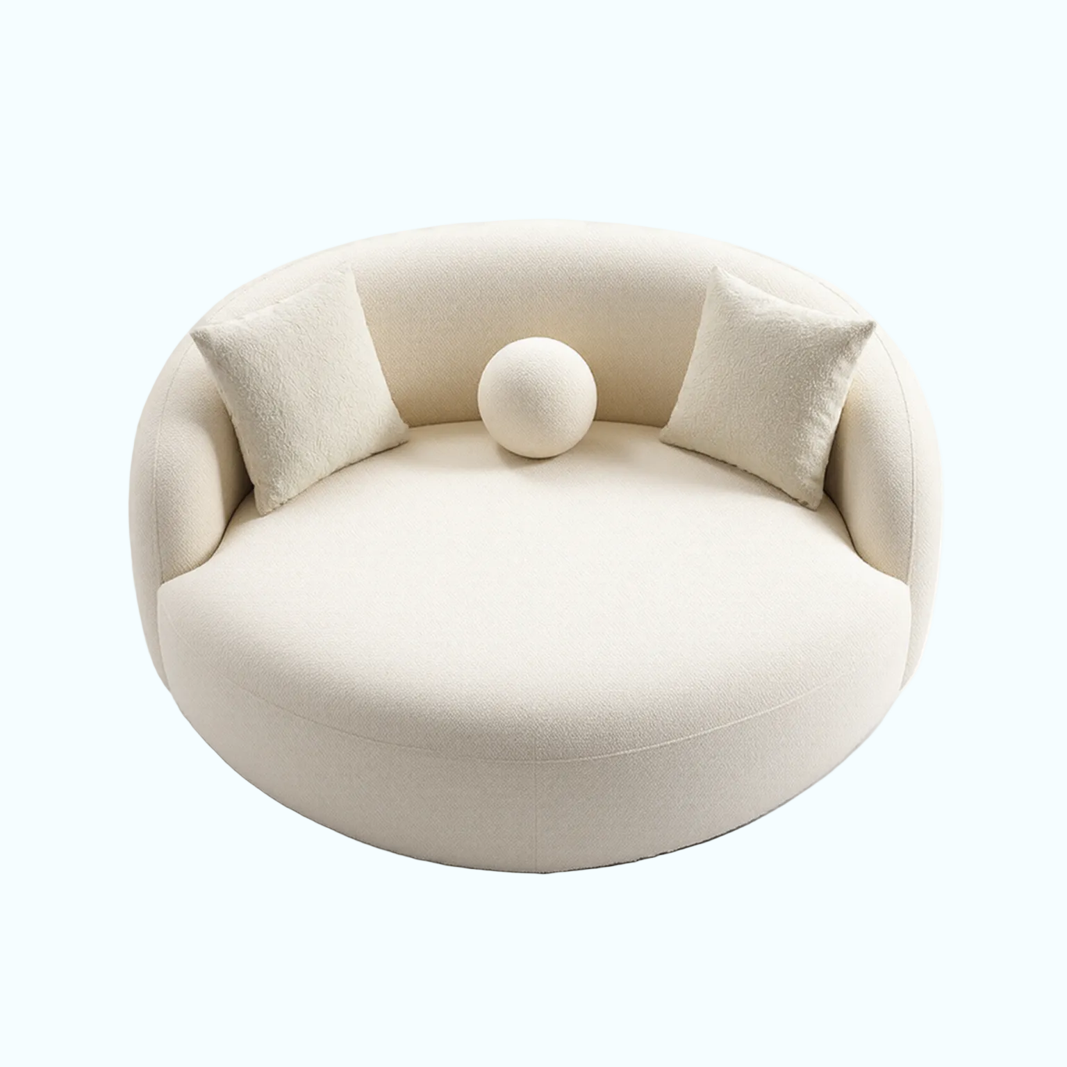 Round, cream-colored pet bed with soft texture on a white background