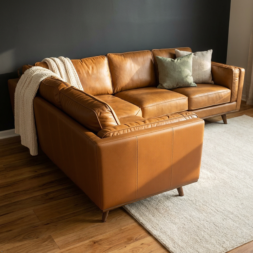 Brown leather sectional sofa with cushions in a room with wooden flooring and a dark wall.