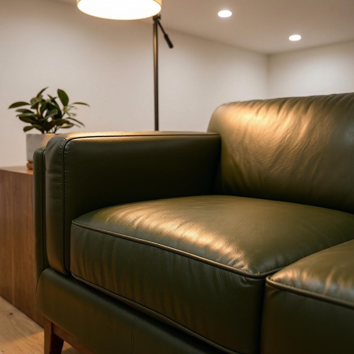 A close-up of a dark olive green leather sofa in a modern living room setting, with a floor lamp, a small potted plant, and recessed ceiling lights visible in the background.