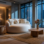 Modern living room with a beige sofa, wooden coffee table, and large windows.