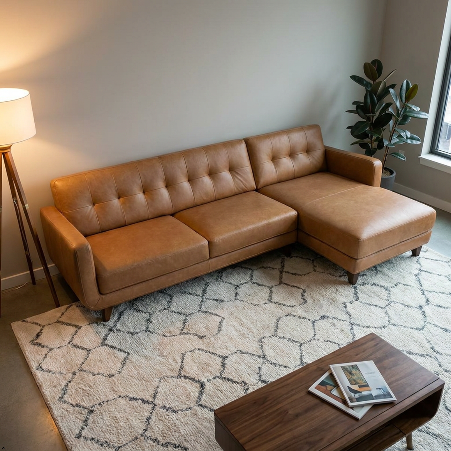 Brown leather sectional sofa in a living room with a coffee table and lamp.
