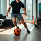 Man playing with a soccer ball in a modern living room