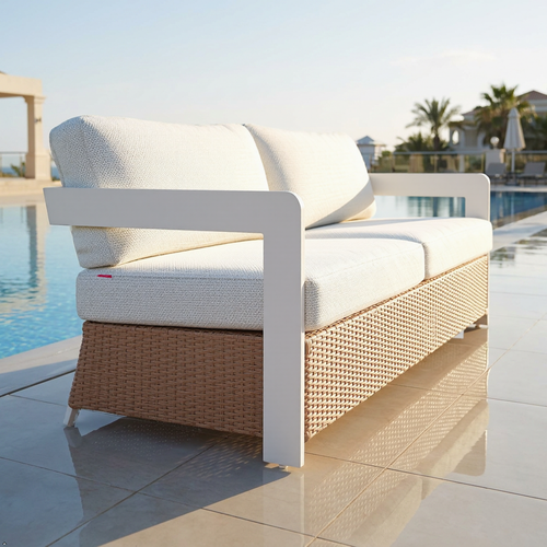 Modern Outdoor Sofa — White Aluminum Frame & Rattan Weave Patio Furniture