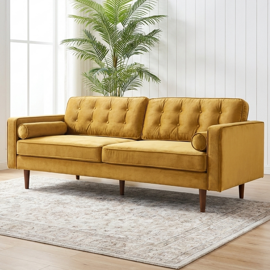 A mustard yellow velvet tufted loveseat with dark wood legs, styled on a light patterned area rug in a bright room with a potted palm plant against a white paneled wall.