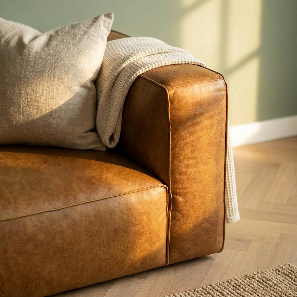 Brown leather sofa with a blanket and pillow in a room with a light green wall.