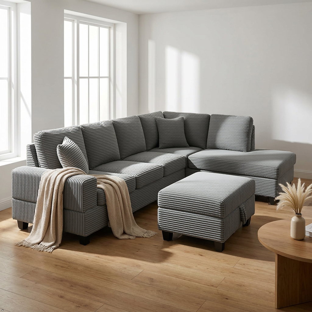 Gray sectional sofa with ottoman in a bright living room