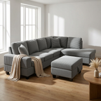 Gray sectional sofa with ottoman in a bright living room