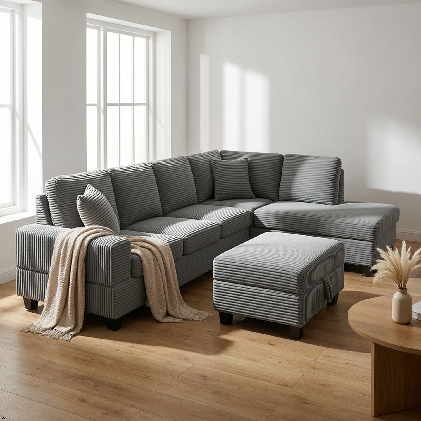 Gray sectional sofa with ottoman in a bright living room