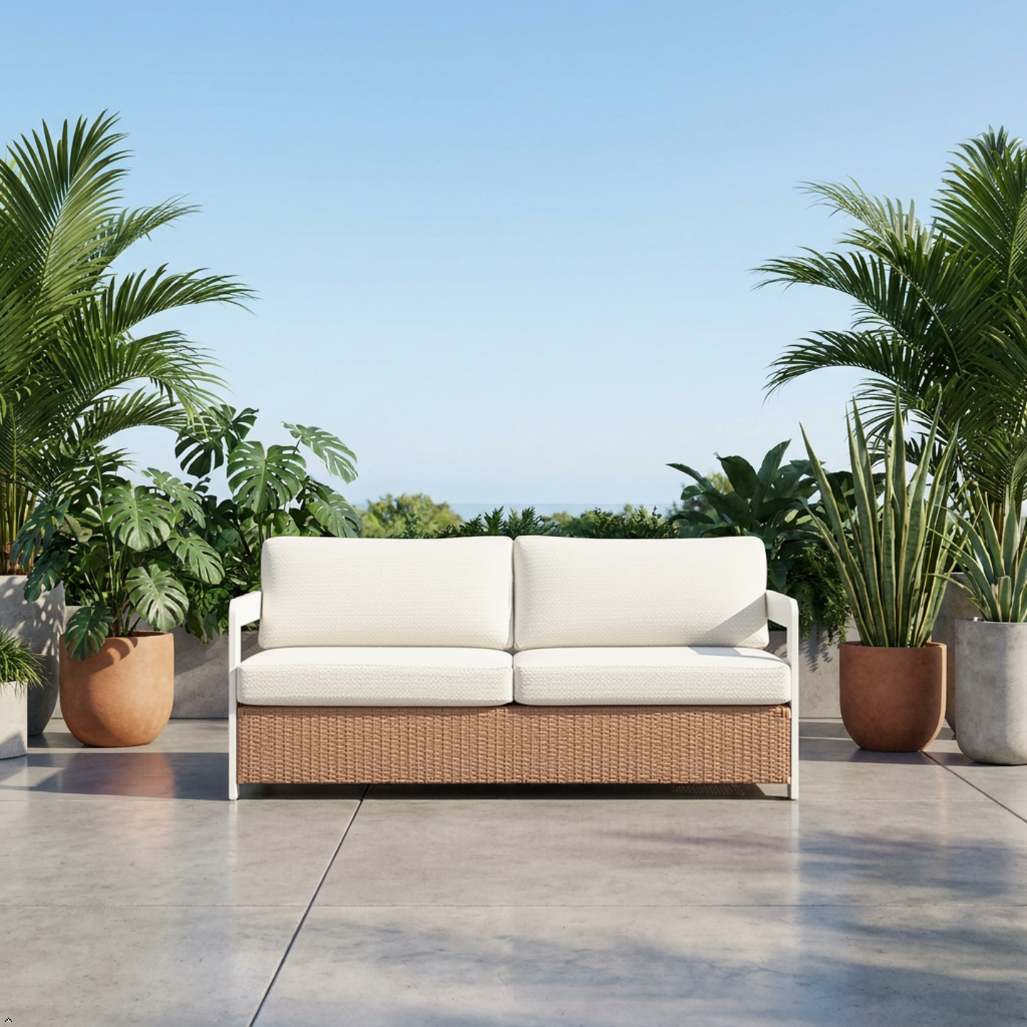 Modern Outdoor Sofa — White Aluminum Frame & Rattan Weave Patio Furniture