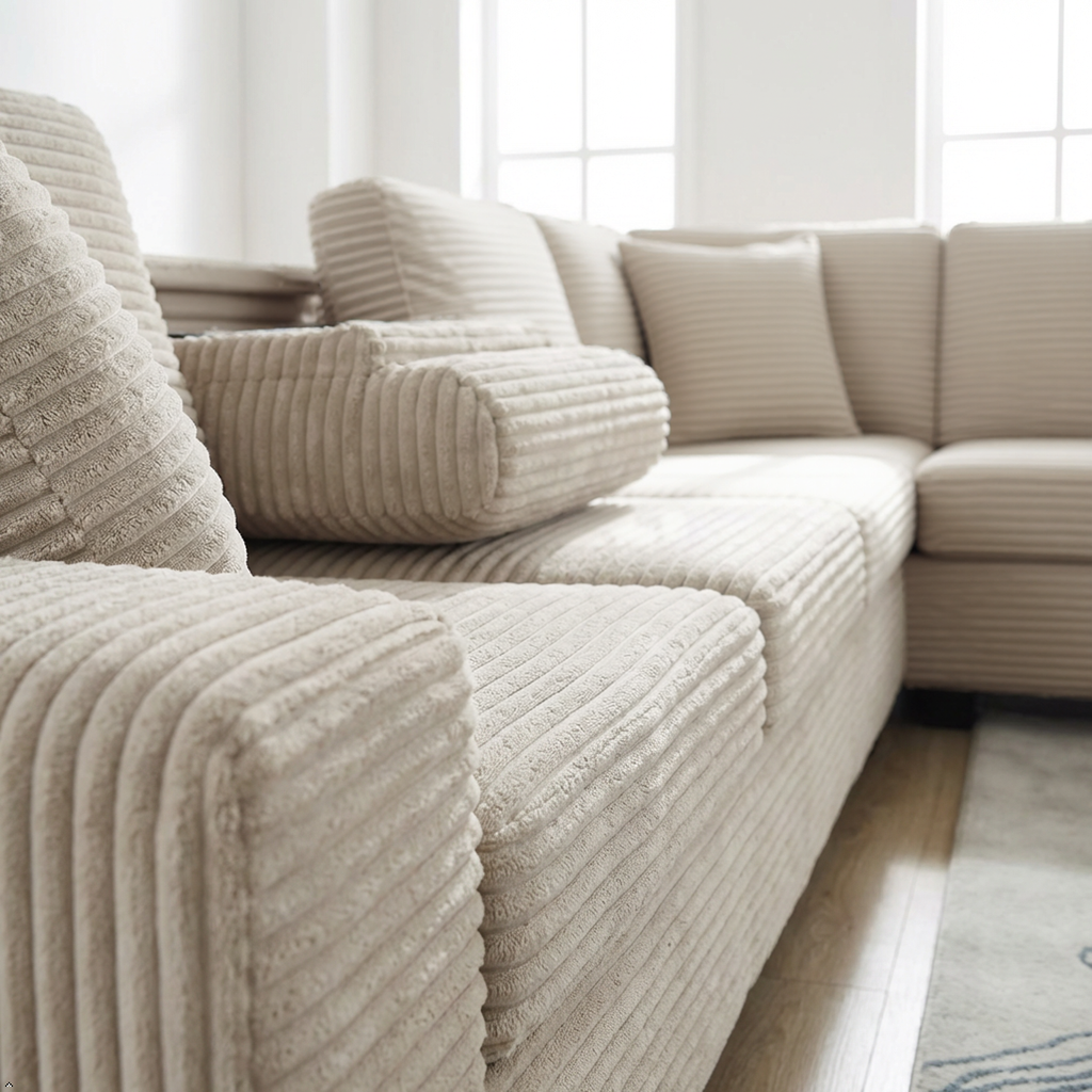 Beige sectional sofa with textured cushions in a bright room.