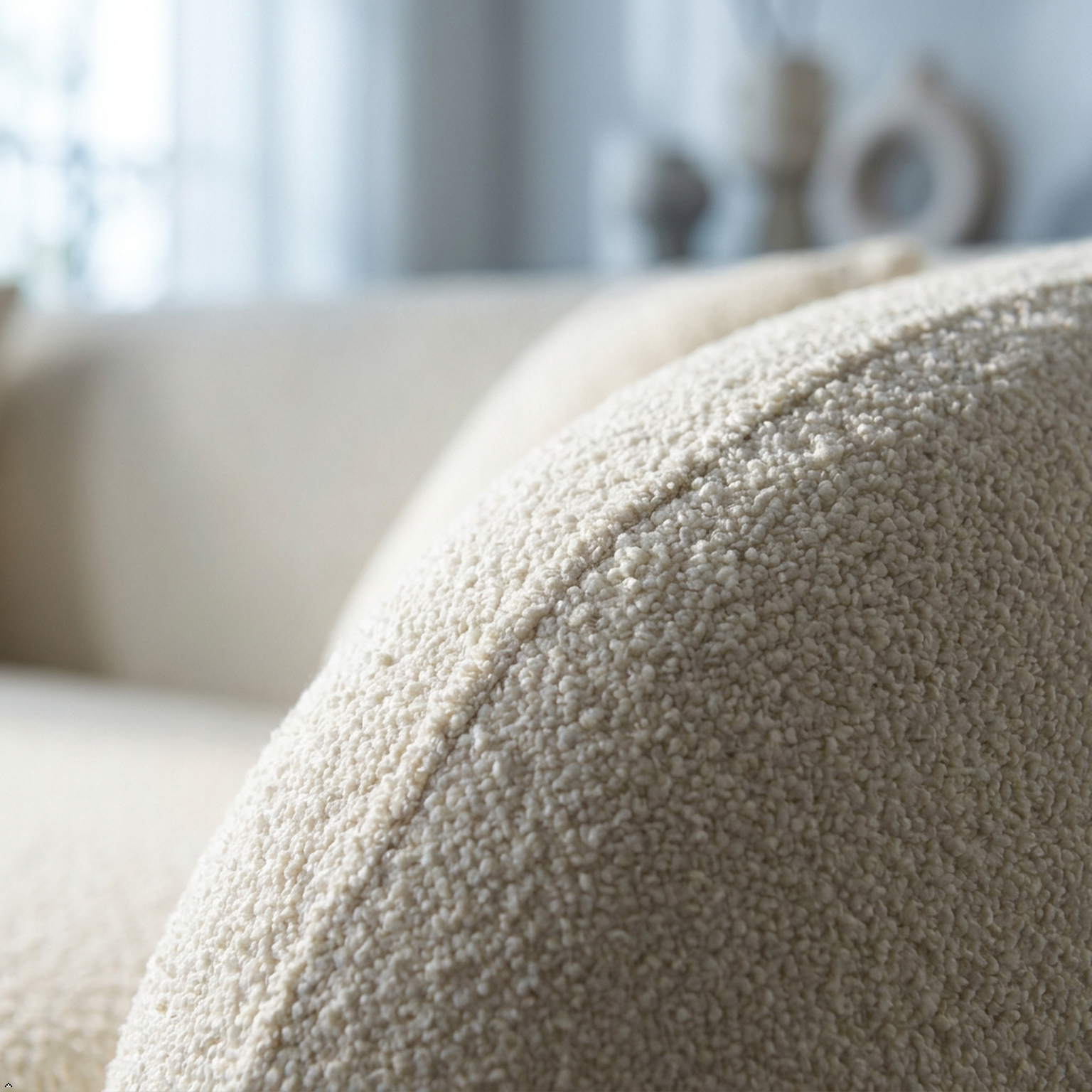 Close-up of a textured beige pillow on a blurred sofa background