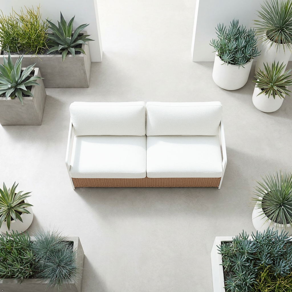 Modern Outdoor Sofa — White Aluminum Frame & Rattan Weave Patio Furniture