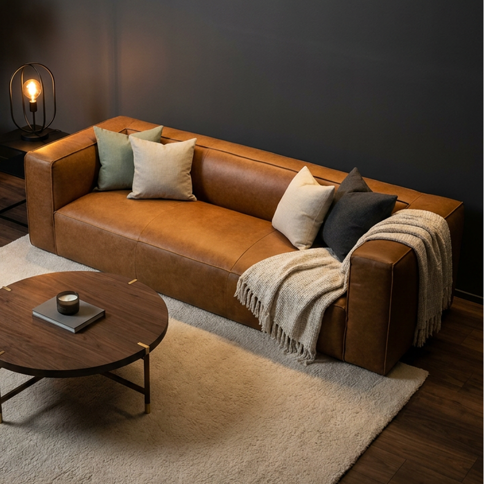 Modern living room with a brown leather sofa, wooden coffee table, and decorative pillows.