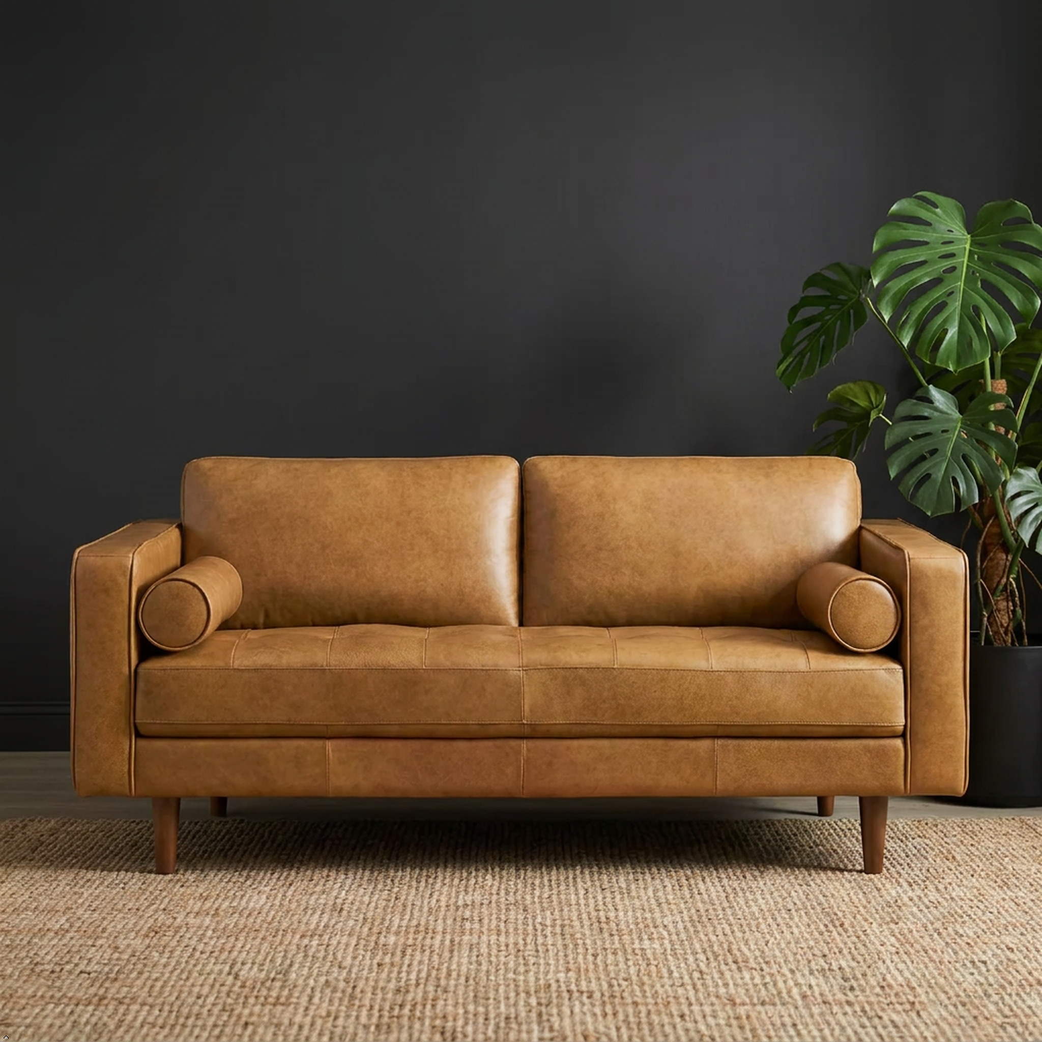 A mid-century modern loveseat sofa upholstered in warm tan leather, positioned on a textured beige jute rug against a dark charcoal wall, with a green potted plant on the right.