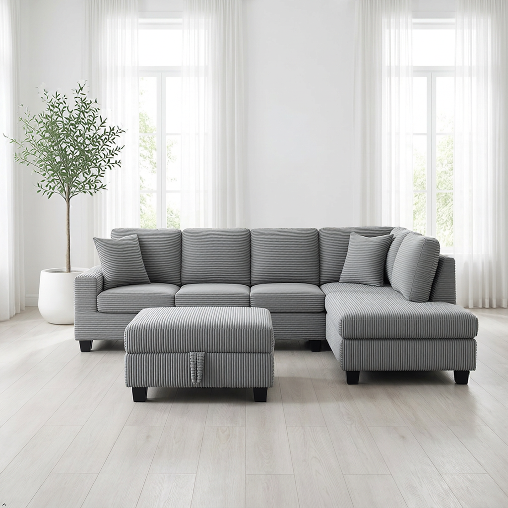 Gray sectional sofa with ottoman in a bright living room