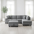 Gray sectional sofa with ottoman in a bright living room