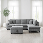 Gray sectional sofa with ottoman in a bright living room