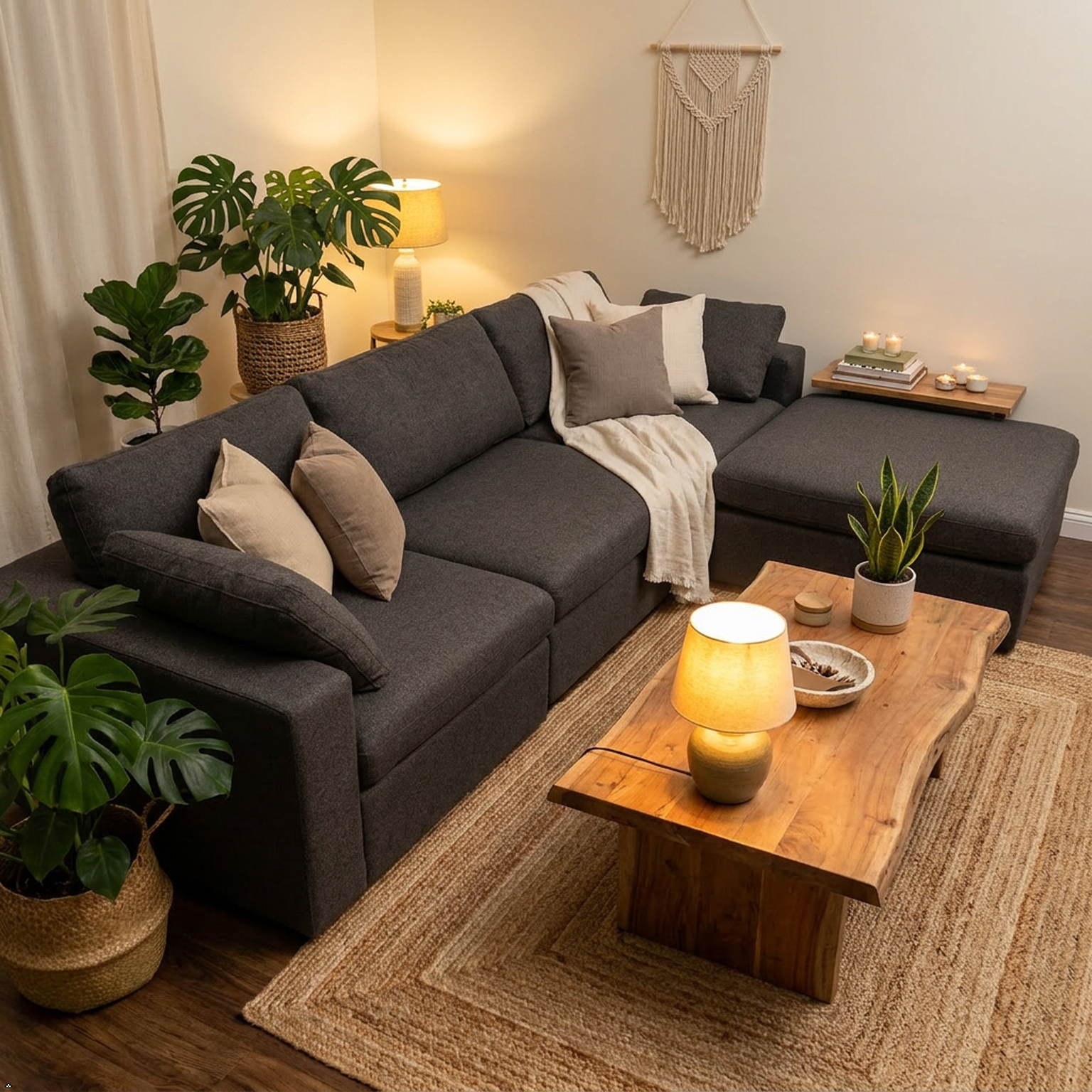 Cozy living room with a dark gray sectional sofa, wooden coffee table, and decorative plants.