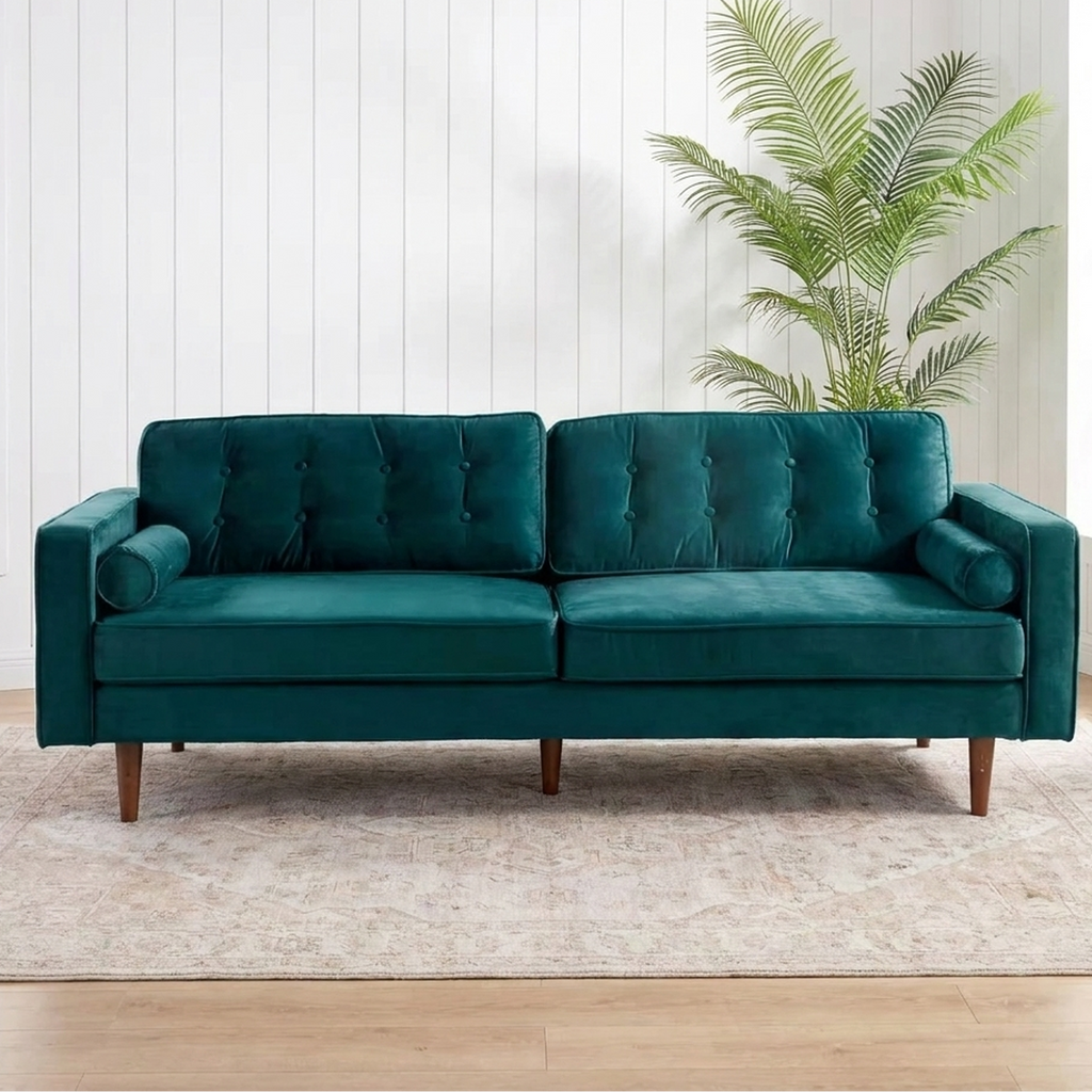 A teal green velvet loveseat sofa with tufted back cushions and tapered wooden legs, positioned on a light beige rug in a bright room with white paneled walls, a potted palm, and windows.
