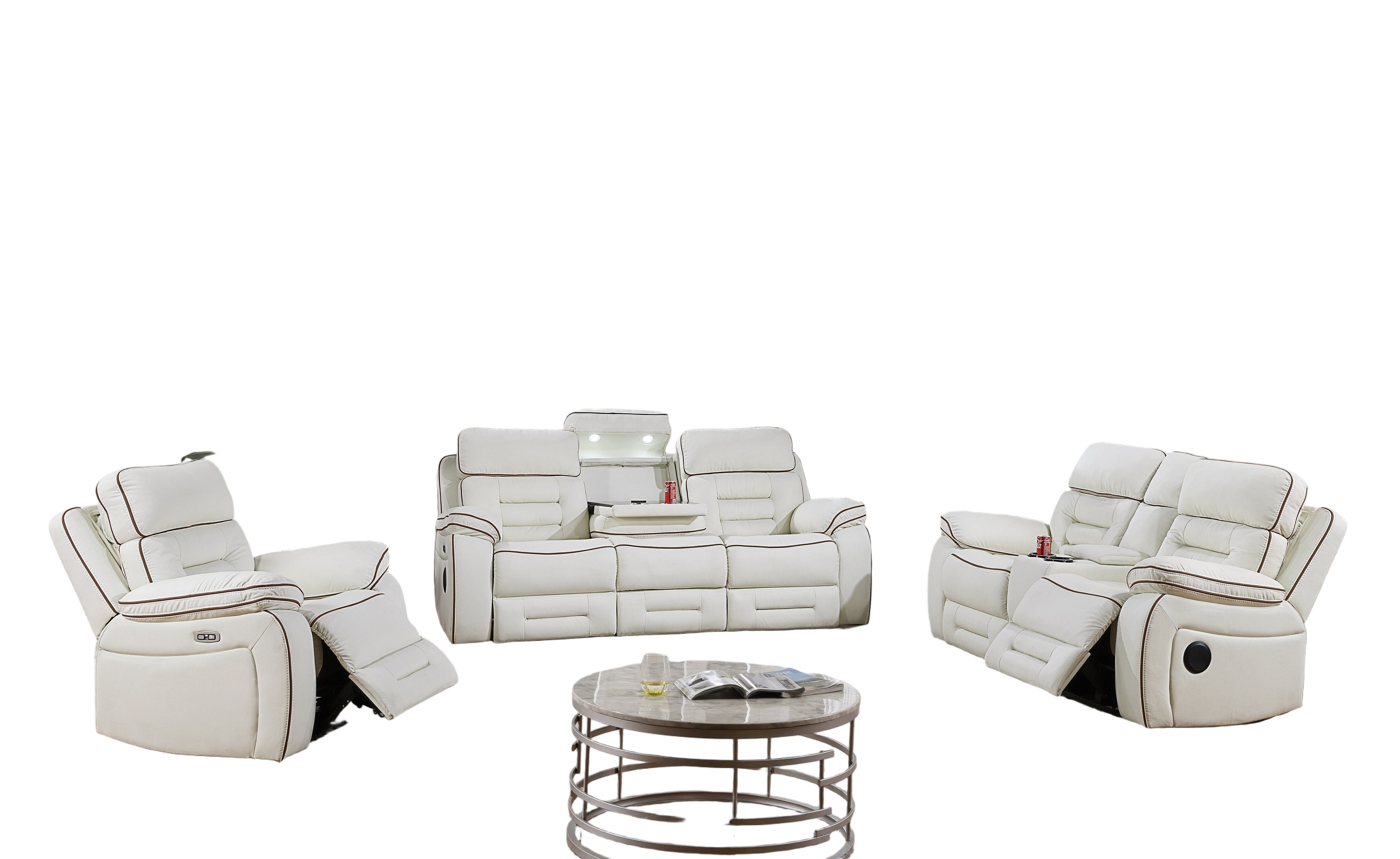 White leather recliner sofa set in a modern living room with plants and a coffee table.